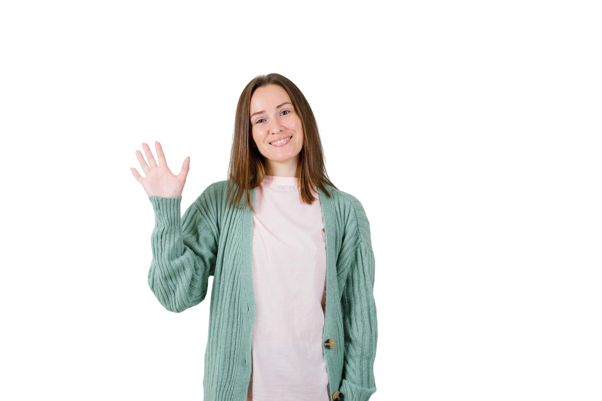 Mujer saludando con una mano.